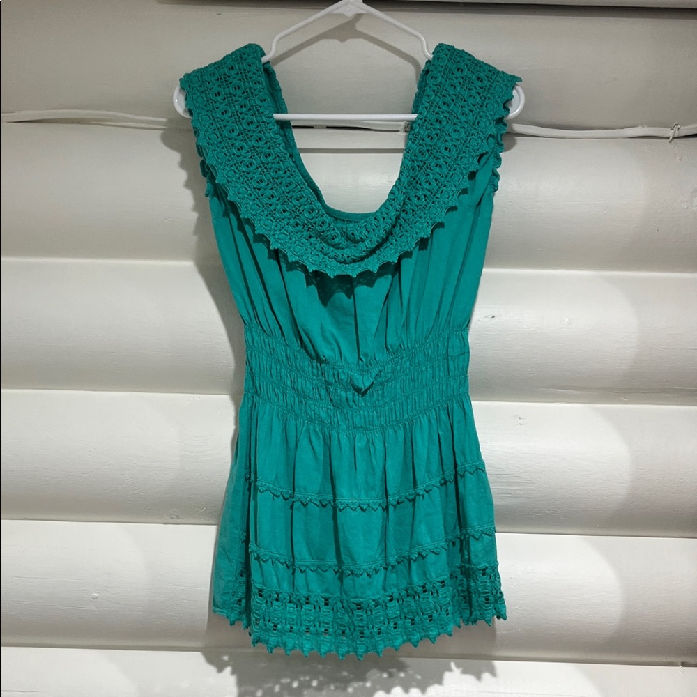 Chic Teal Crochet-Trimmed Blouse
